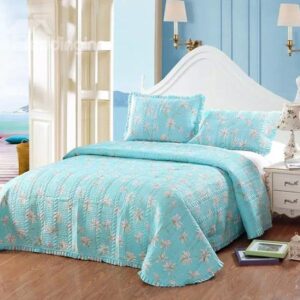 Fresh Flowers Print Sky Blue 3-Piece Cotton Bed in a Bag