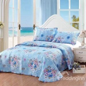 European Style Flowers Design King Size 3-Piece Blue Bed in a Bag