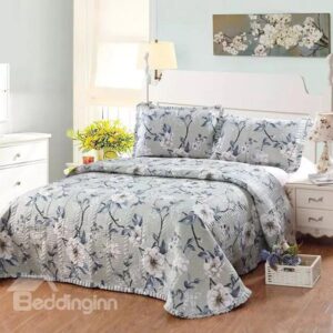Big White Flowers European Style Cotton 3-Piece Gray Bed in a Bag