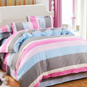 Concise Colorful Stripe Design 4-Piece Polyester Duvet Cover Sets