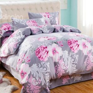 Big Pink Flowers Print Gray 4-Piece Polyester Duvet Cover Sets