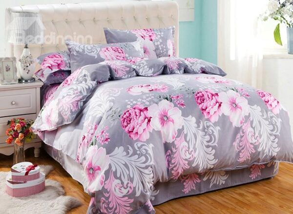 Big Pink Flowers Print Gray 4-Piece Polyester Duvet Cover Sets