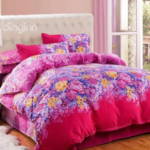 Charming Big Flowers Print Rosy 4-Piece Polyester Duvet Cover Sets