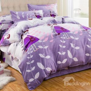 Cartoon Lovers and Plant Print Purple 4-Piece Duvet Cover Sets