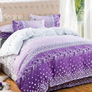 Adorable Small Flowers and Heart-shaped Design 4-Piece Purple Duvet Cover Sets