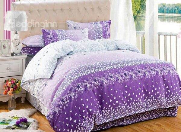 Adorable Small Flowers and Heart-shaped Design 4-Piece Purple Duvet Cover Sets