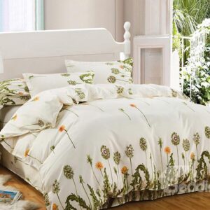 Refreshing Green Dandelion Print 4-Piece Polyester Duvet Cover Sets