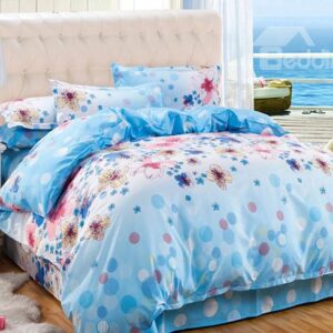 Polka Dots and Flowers Design Blue 4-Piece Polyester Duvet Cover Sets