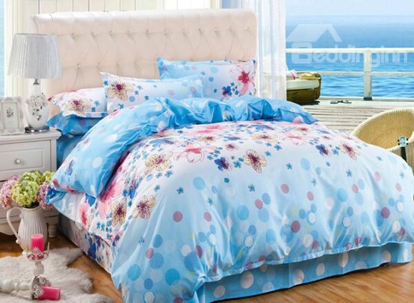 Polka Dots and Flowers Design Blue 4-Piece Polyester Duvet Cover Sets