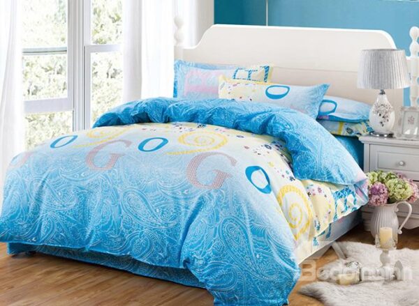 Stylish Alphabet Flowers Design 4-Piece Polyester Duvet Cover Sets