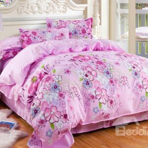 Lovely Colorful Flowers Design Pink Polyester 4-Piece Duvet Cover Sets
