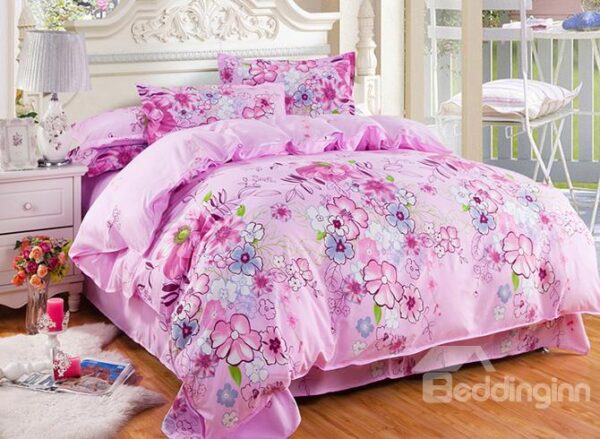 Lovely Colorful Flowers Design Pink Polyester 4-Piece Duvet Cover Sets
