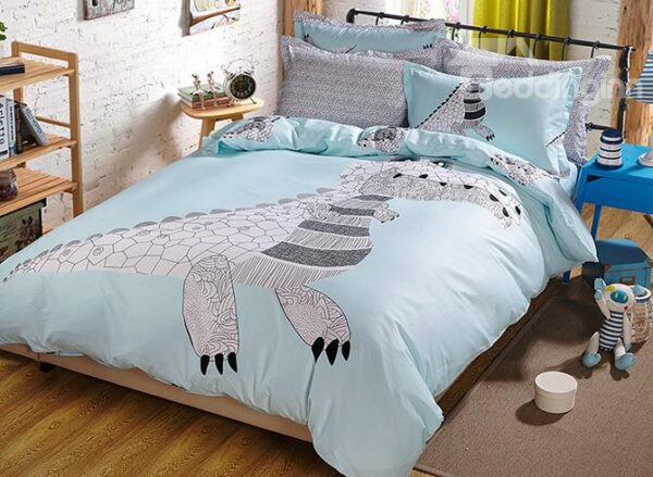 Light Blue Dinosaur Print Kids Duvet Cover Set