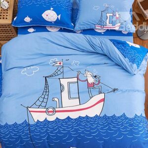Ocean Blue Fishing Boat and Fish Print Kids Duvet Cover Set