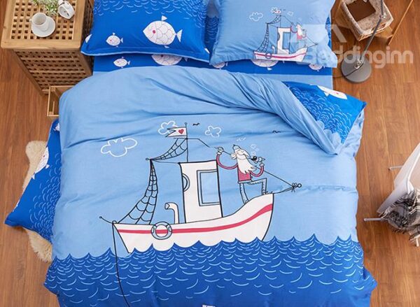 Ocean Blue Fishing Boat and Fish Print Kids Duvet Cover Set