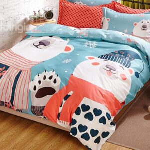 Cute Two Bears in Winter Clothes Print Kids Duvet Cover Set