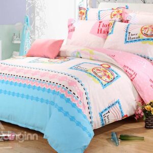 High Quality Pink Stamps Pattern Kids Cotton Duvet Cover Set