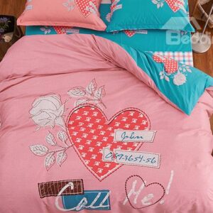 Pink Hearts and Flowers Print Kids Duvet Cover Set
