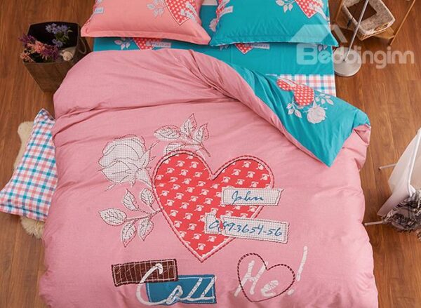 Pink Hearts and Flowers Print Kids Duvet Cover Set