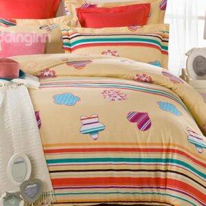 Colorful Flowers and Heart Shape Pattern Kids Duvet Cover Set