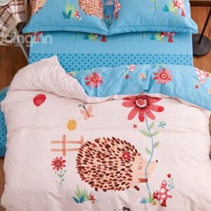 100% Cotton Pink Hedgehog and Flowers Pattern Kids Duvet Cover Set