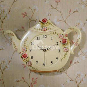 Creative Teapot Design Rose Pattern Resin Wall Clock