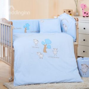 Blue Three Cute Sheep and Tree Baby Crib bedding Set