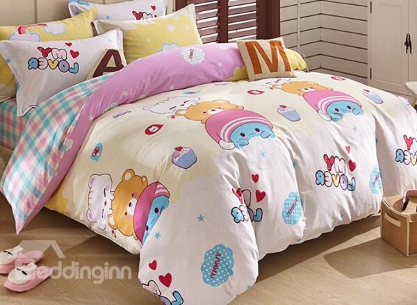 Animal Friends and Heart Shape Pattern Kids 3-Piece Duvet Cover Set