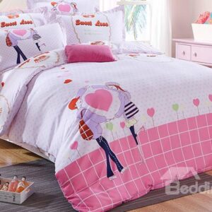 Pink Romantic Heart Shape and Persons Print Kids 3-Piece Duvet Cover Set