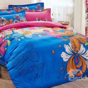 Dark Blue Butterfly and Flowers Print Kids 3-Piece Duvet Cover Set