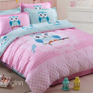 Pink Cute Owl on The Branch Print Kids 3-Piece Duvet Cover Set