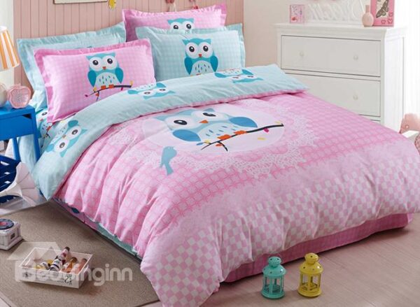 Pink Cute Owl on The Branch Print Kids 3-Piece Duvet Cover Set