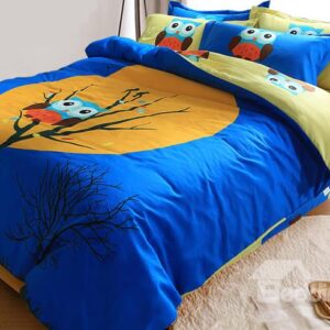 Dark Blue Owl on The Branch Print Kids 3-Piece Duvet Cover Set