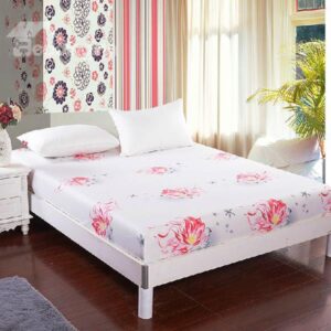 Graceful Red Flowers Print White Cotton Fitted Sheet