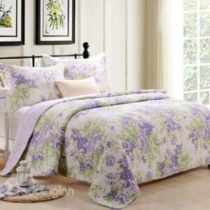 Graceful Light Purple Flowers Print 3-Piece Cotton Bed in a Bag