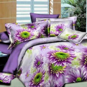 Gorgeous Purple Daisy Print Polyester 4-Piece Duvet Cover Sets