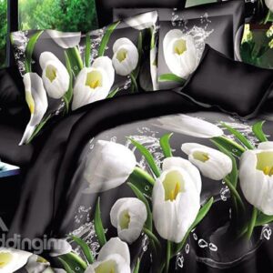 Graceful White Tulips with Black Background 4-Piece Polyester Duvet Cover Sets