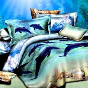 Adorable Dolphins Starfish Print Cotton 4-Piece Duvet Cover Sets
