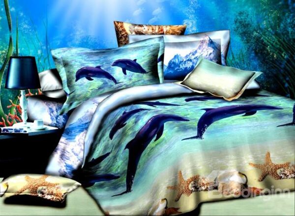 Adorable Dolphins Starfish Print Cotton 4-Piece Duvet Cover Sets