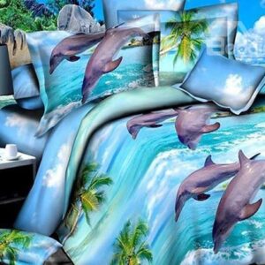 Jumping Dolphins Beach Scenery Print 4-Piece Polyester Duvet Cover Sets