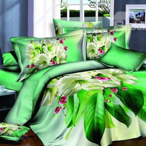 Refreshing White Flowers Print Green 4-Piece Cotton Duvet Cover Sets