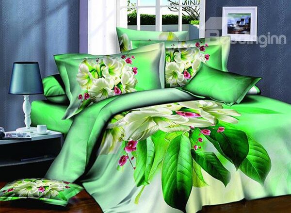 Refreshing White Flowers Print Green 4-Piece Cotton Duvet Cover Sets