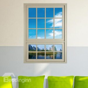 Natural Scenery Blue Sky and Forest in the Distance Window View Removable 3D Wall Stickers