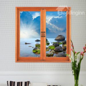 Beautiful Seashore and Rocks Window View Removable 3D Wall Stickers