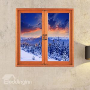 Snow-covered Mountains and Pine trees Window View Removable 3D Wall Stickers