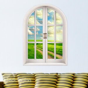 Green Grassland Under White Cloud Window View Removable 3D Wall Stickers