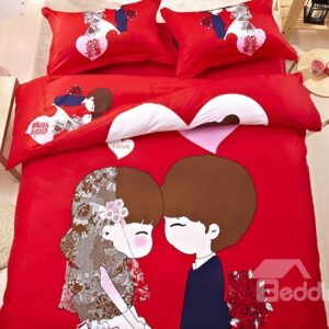 Cartoon Lovers Wedding Print Red 4-Piece Cotton Duvet Cover Sets