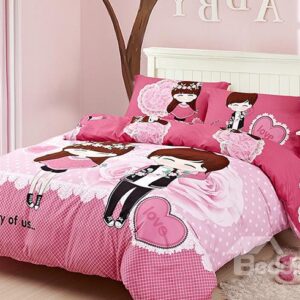 Cartoon Lovers Romantic Roses Print Pink 4-Piece Cotton Duvet Cover Sets