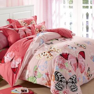 Flying Butterflies Flowers Print Pink 4-Piece Cotton Duvet Cover Sets