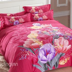 Fancy Flowers Print Hidden Zipper Design Rosy 4-Piece Duvet Cover Sets
